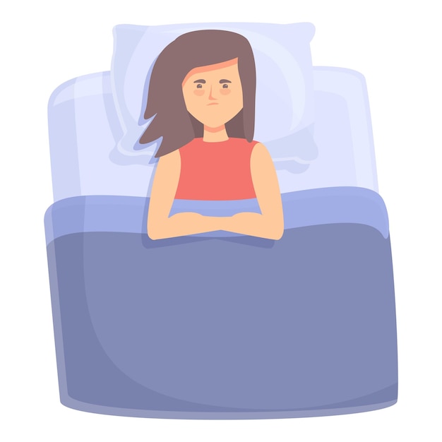 Mujer, insomnio, icono, caricatura, vector, cama, sueño, insomnio, problema