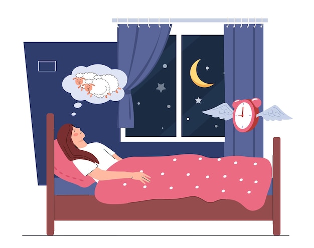 Mujer con insomnio Niña joven acostada en la cama y contando ovejas Problemas mentales y psicológicos Persona con rutina diaria incorrecta Tristeza y depresión Ilustración de vector plano