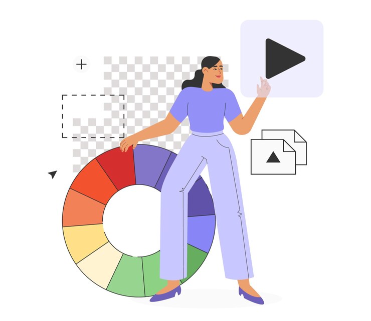 Vector mujer inspirada que trabaja en un programa de gráficos para ilustradores, diseñadores o fotógrafos.
