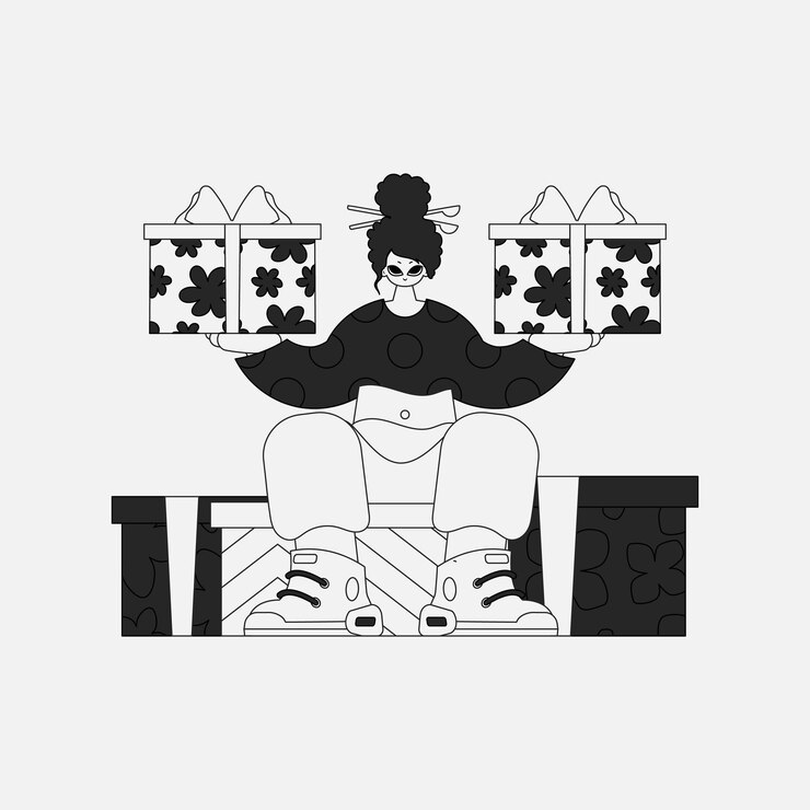 Vector mujer inspiradora con una caja de regalos de estilo blanco y negro