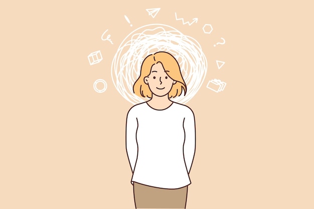 Mujer inteligente con pensamientos confusos y líneas alrededor de la cabeza que simbolizan una gran inteligencia