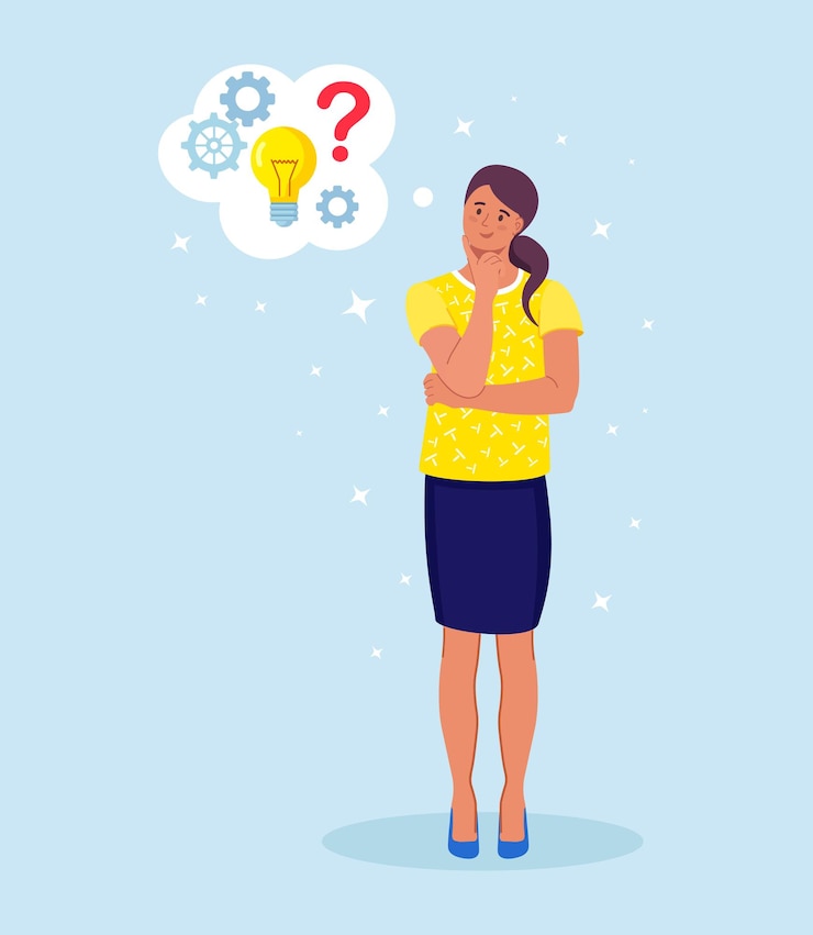 Vector mujer inteligente pensando o resolviendo problemas. chica pensativa con burbujas de pensamiento, signos de interrogación, bombilla.