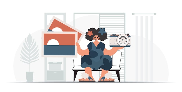 La mujer interminable tiene una cámara y fotos en sus manos El concepto de descanso y viaje Estilo de moda Ilustración vectorial