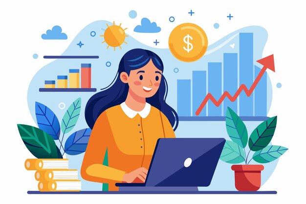 Una mujer se involucra con su portátil centrado en gráficos y gráficos financieros en un entorno profesional Ilustración de una mujer usando una computadora portátil para ver los desarrollos de inversión de la compañía