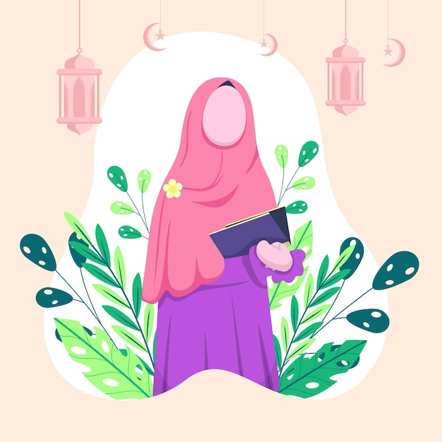 Vector una mujer islámica con hiyab en la mano sostiene el corán. detrás había una linterna y una luna creciente colgaba.