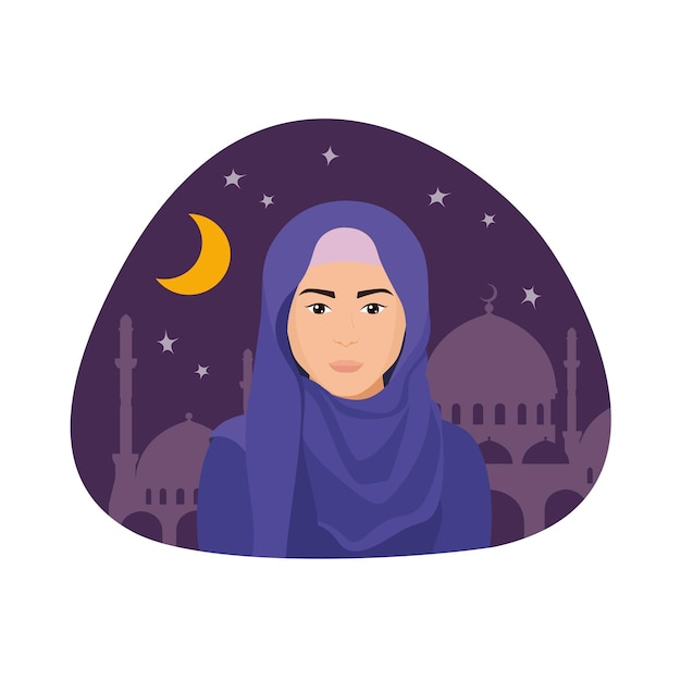 Mujer islámica con hiyab Paisaje nocturno con mezquita Ilustración vectorial plana aislada en fondo blanco