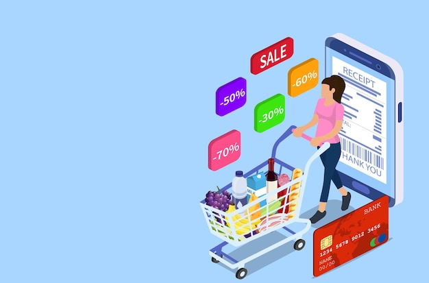 Mujer isométrica con carrito de compras. concepto de compras y supermercados, se puede utilizar para banner web, infografías. ilustración de vector de estilo plano