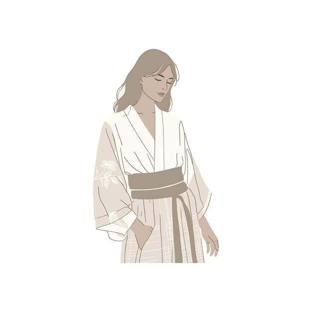 Mujer japonesa con un kimono de verano casual de algodón ligero con una simple faja obi