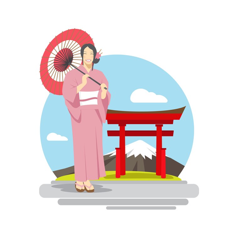 Vector mujer japonesa con paraguas frente al fondo del monte fuji