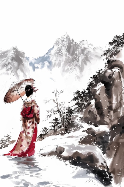 Mujer japonesa tradicional en las montañas nevadas
