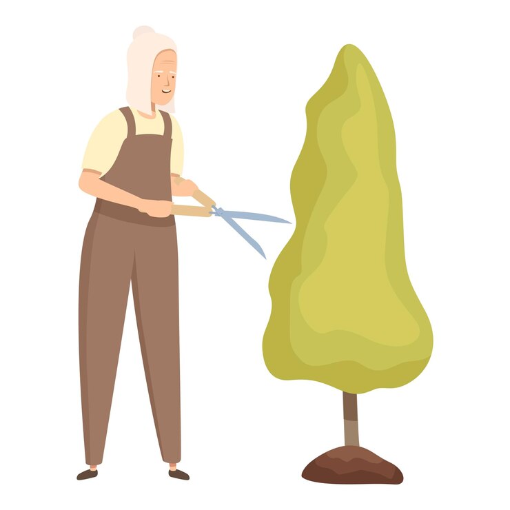 Vector mujer jardinera mayor recortando un árbol con tijeras