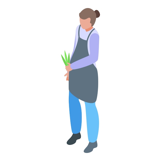Mujer jardinera sosteniendo una pequeña planta ilustración isométrica