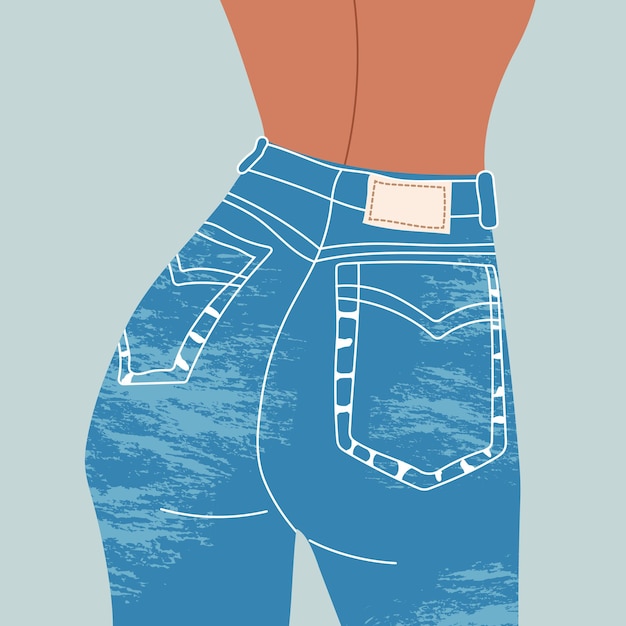 Mujer en jeans de cintura alta Vista posterior Ropa de mezclilla Chica en jeans azules Traje de moda plano