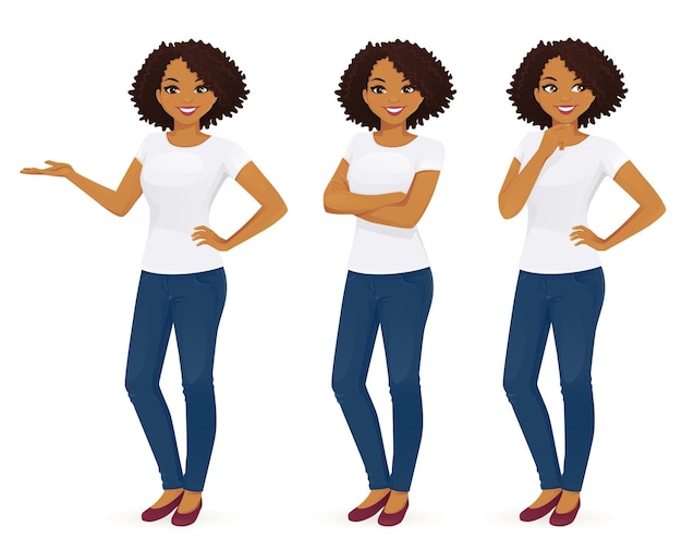 Mujer en jeans de pie en diferentes poses aislado