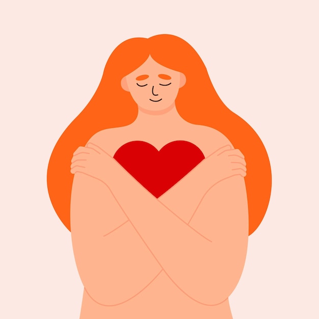La mujer joven se abraza amorosamente a sí misma y a su cuerpo Ámate a ti mismo y supera los problemas personales y psicológicos Amor propio y confianza en uno mismo y cuidado Confianza en la salud mental Ilustración vectorial