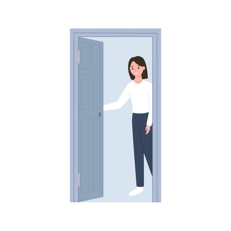 Vector mujer joven abriendo una puerta gris personaje femenino de pie en la puerta para reunirse