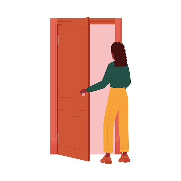 Mujer joven abriendo la puerta roja y sosteniendo la manija vista trasera