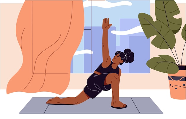 Mujer joven activa estirándose durante el entrenamiento matutino Niña afroamericana practica yoga en posturas interiores Persona hace ejercicios físicos durante el calentamiento de entrenamiento Deporte en el hogar Ilustración de vector plano