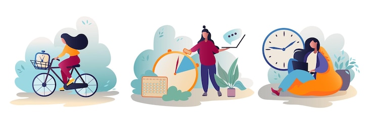 Vector mujer joven activa que trabaja en la computadora portátil desde casa planeando eventos gestión del tiempo