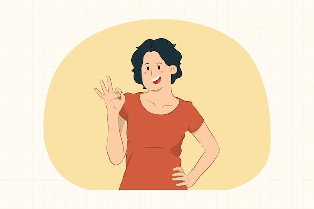 Mujer joven, actuación, ok, gesto