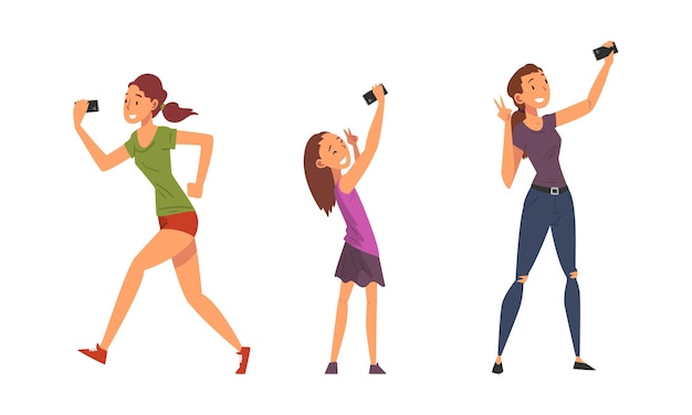 Mujer joven y adolescente con teléfono inteligente haciendo una llamada de video o tomando selfies para un conjunto de vectores de redes sociales