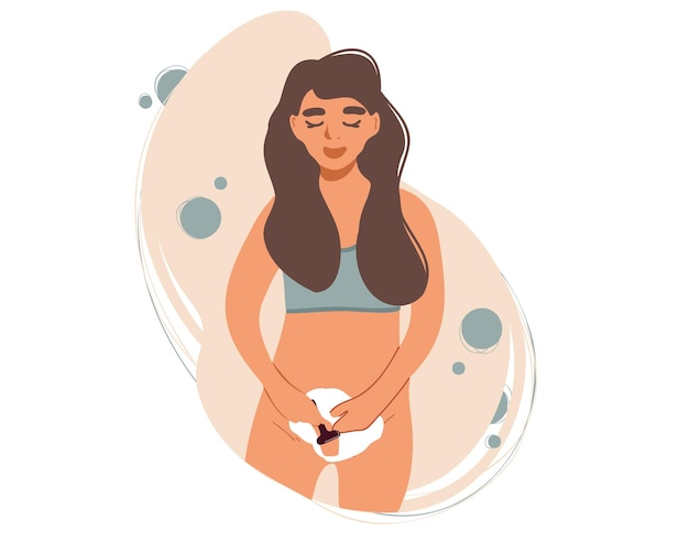 Una mujer joven se afeita el cabello con una navaja en el área del bikini Una mujer se afeita la entrepierna Vecto plano