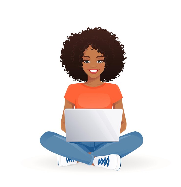 Vector mujer joven africana usando una computadora portátil sentada en postura de loto con las piernas cruzadas vector aislado