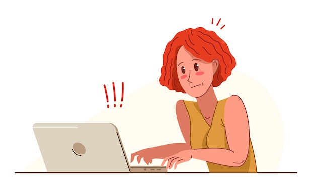 Mujer joven alarmada por un problema trabajando en un proyecto en el vector de estrés ilustración plana aislada pánico urgente plazo de trabajo en la oficina o en el hogar resolución de problemas