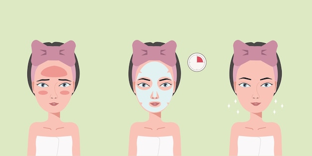 Vector mujer joven aplicando hoja mascarilla cosmética belleza y cuidado de la piel ilustración vectorial