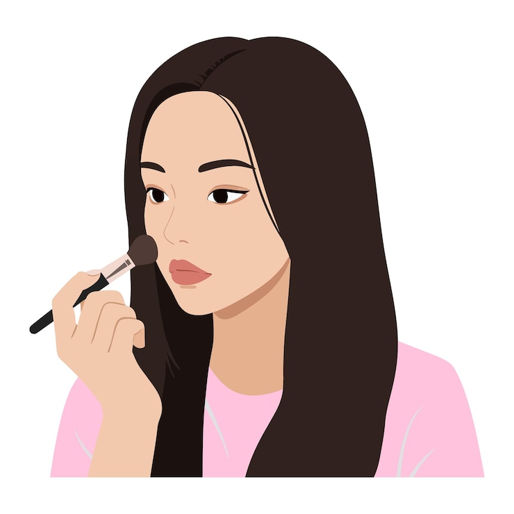 Vector mujer joven aplicando maquillaje con un pincel en un estilo minimalista plano que muestra la belleza y la ilustración vectorial de cuidado personal