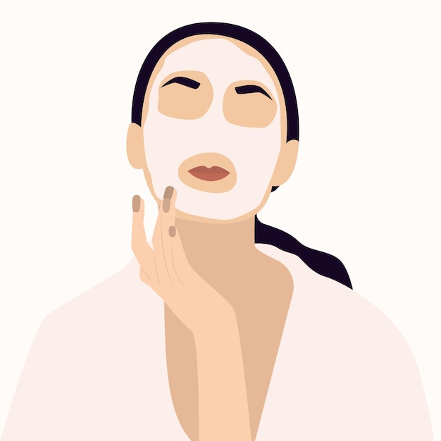 Mujer joven aplicando máscara de belleza Banner de cuidado de la piel Tratamiento de mascarilla facial relajación Escrito a mano