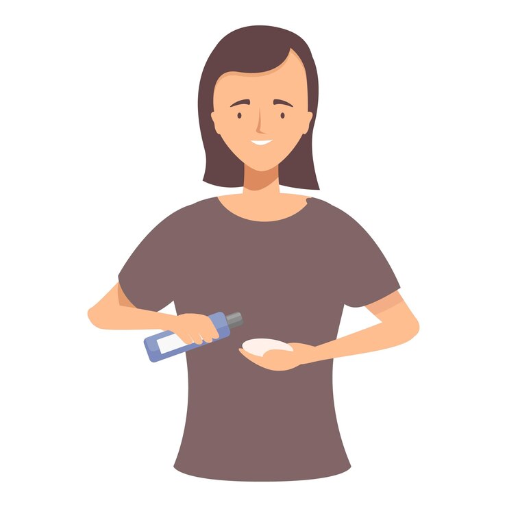 Vector mujer joven aplicando toner o agua micelar en la almohadilla de algodón