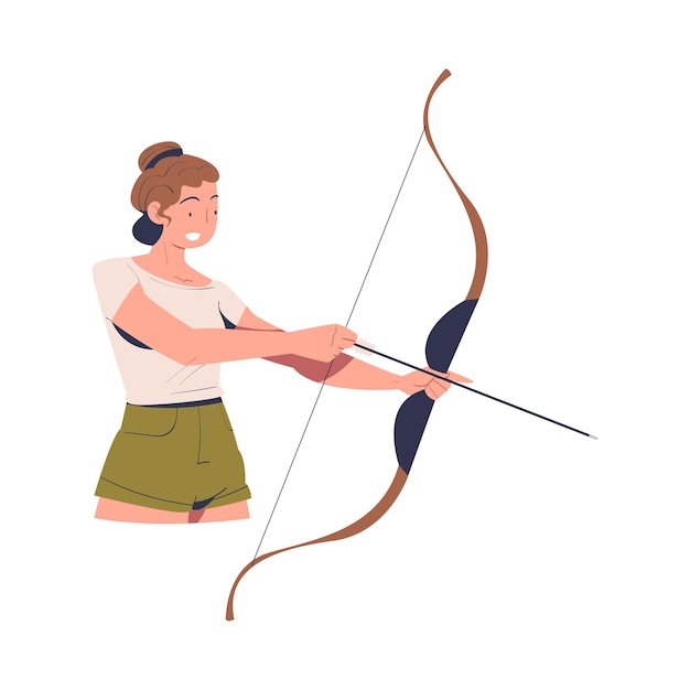 Mujer joven apuntando al objetivo con arco y flecha practicando el tiro ilustración vectorial de dibujos animados
