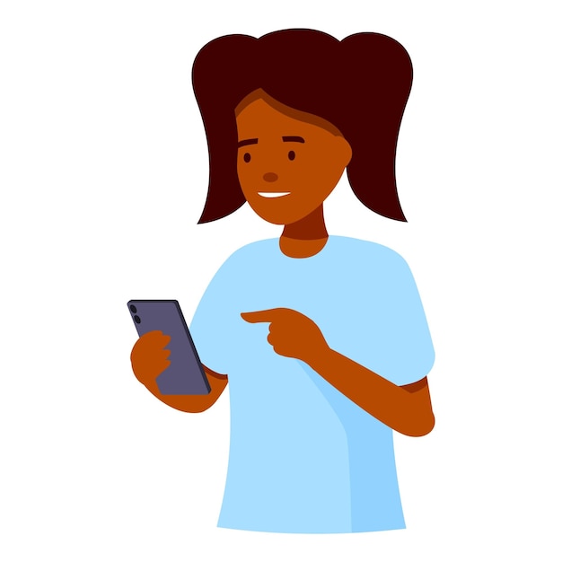 Mujer joven apuntando a la pantalla de su teléfono inteligente mientras sonríe Ilustración vectorial