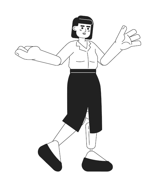 Mujer joven asiática con pierna protésica gestando personaje de dibujos animados en 2D en blanco y negro Discapacidad trabajadora de oficina coreana posando con un contorno vectorial aislado persona Ilustración de punto plano monocromático