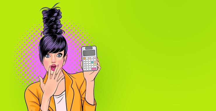 Vector mujer joven asombrada que sostiene la calculadora wow y estilo de los cómics del arte pop del concepto sorprendido.