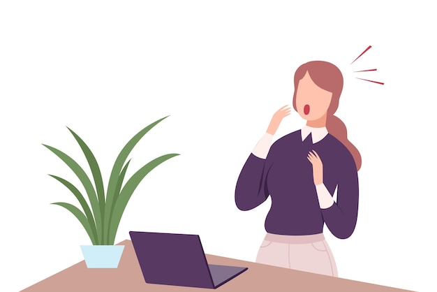 Mujer joven asustada mirando su computadora portátil ilustración vectorial plana