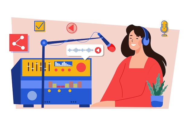 Mujer joven, en, auriculares, canto, en, el, estudio de grabación, ilustración, concepto, blanco, plano de fondo