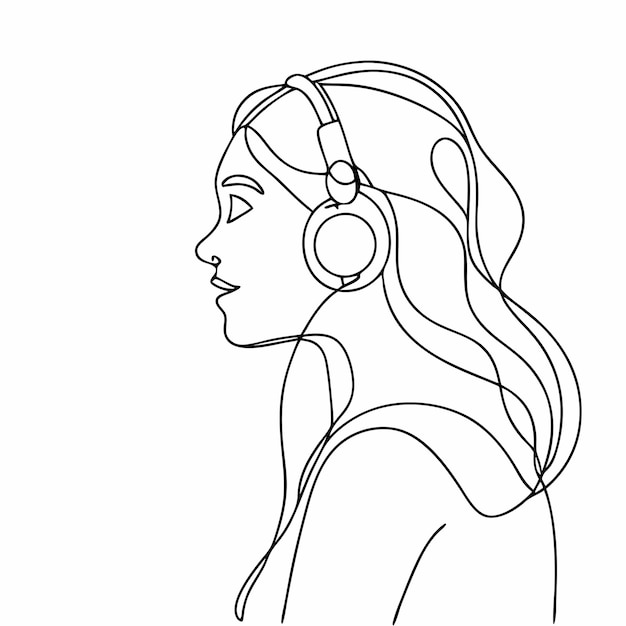 una mujer joven con auriculares mientras escucha música continua una línea de arte ilustración 15