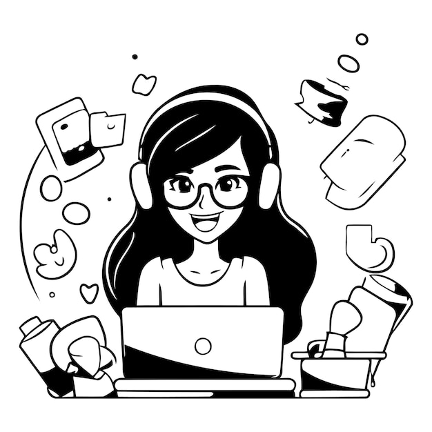 Vector mujer joven con auriculares y portátil ilustración vectorial al estilo de dibujos animados