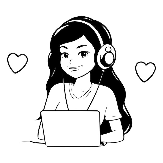 Vector mujer joven con auriculares y portátil ilustración vectorial al estilo de dibujos animados