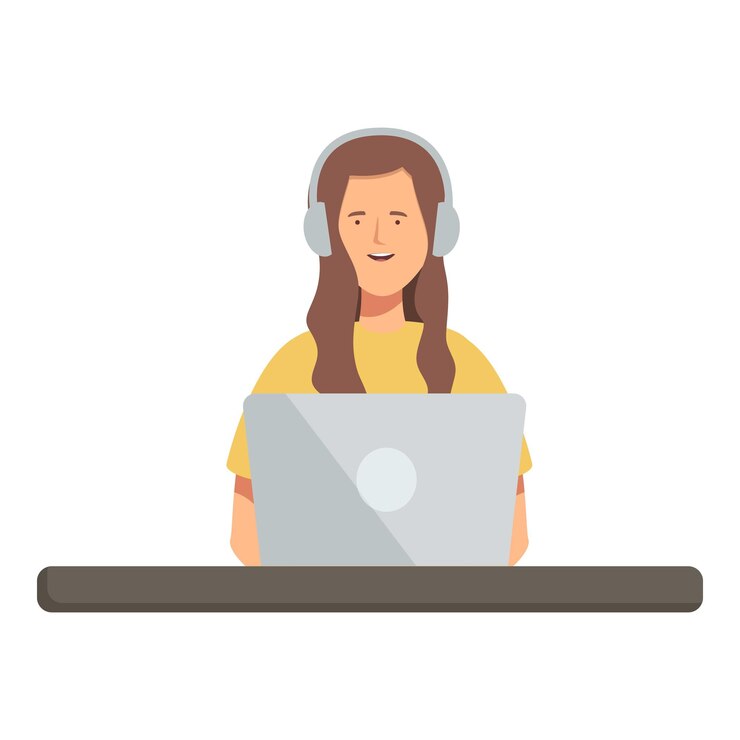 Vector mujer joven con auriculares usando una computadora portátil