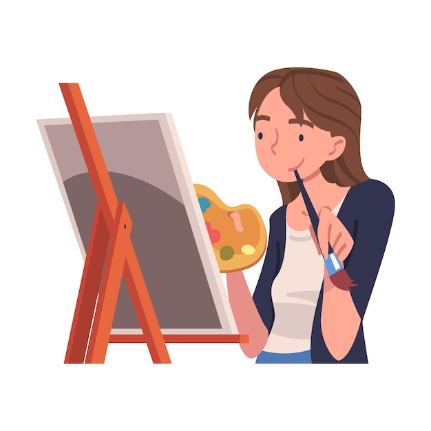 Mujer joven en auto-aislación con pincel y paleta dibujando una imagen con ilustración vectorial de easel