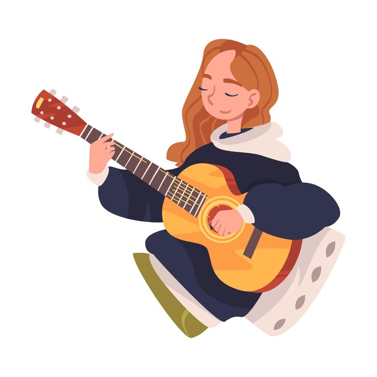 Vector mujer joven en auto-aislación tocando la guitarra apoyándose en la ilustración vectorial de la almohada