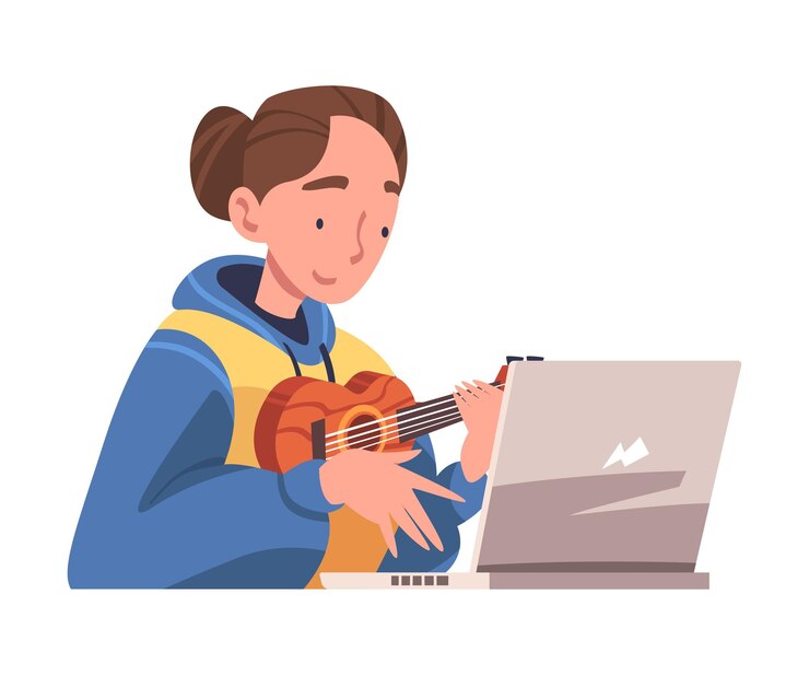 Vector mujer joven en auto-aislamiento tocando el ukelele sentada en la ilustración vectorial de la computadora portátil