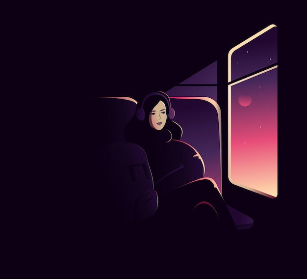 Vector mujer joven en un autobús nocturno mirando por la ventana