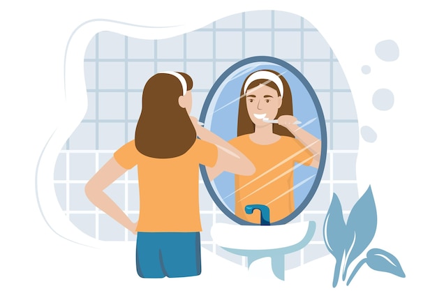 Vector mujer joven en el baño cepillándose los dientes con una ilustración de vector de espejo de reflejo de cepillo de dientes