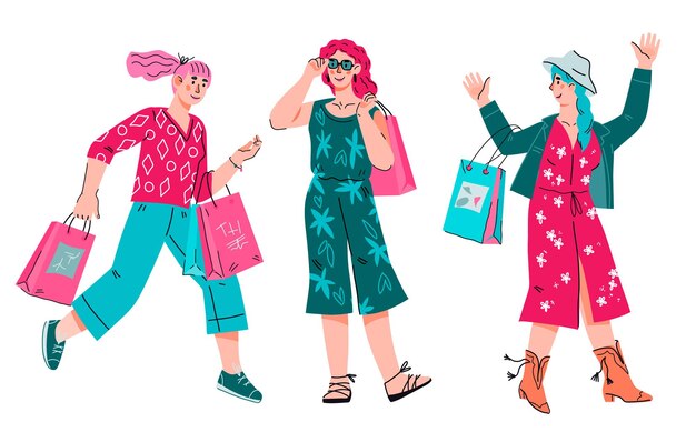 Mujer joven bastante alegre con bolsas de compras Mujer comprando ropa y productos en evento de venta
