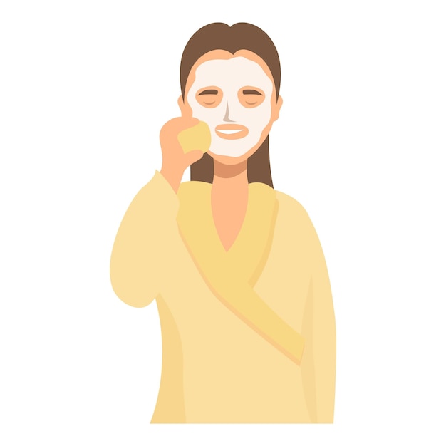 Mujer joven con bata de baño aplicando una máscara facial cosmética con esponja