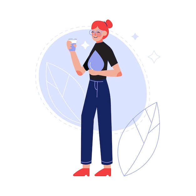 Mujer joven bebiendo agua fresca y limpia de botella para mantener el cuerpo saludable Ilustración vectorial